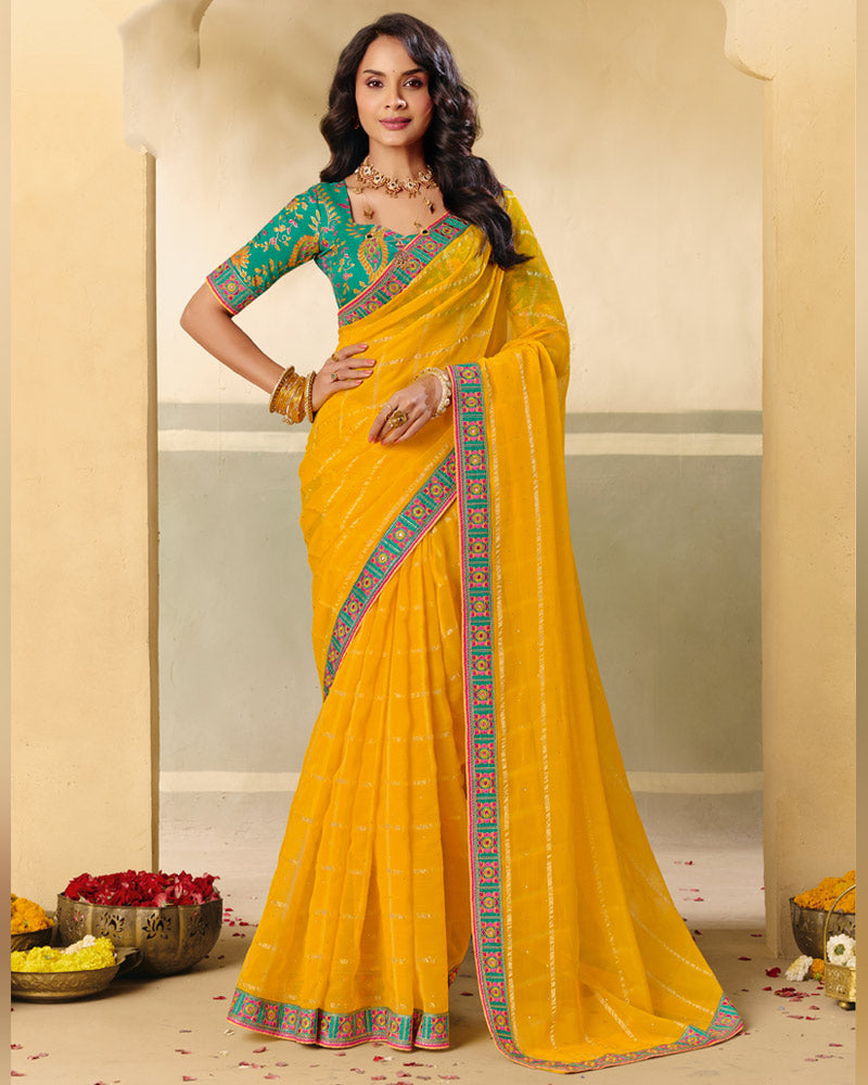 Vishal Prints Dark Burnt Yellow Designer Fancy Checks Chiffon Saree With Diamond Work And Embroidery Border
