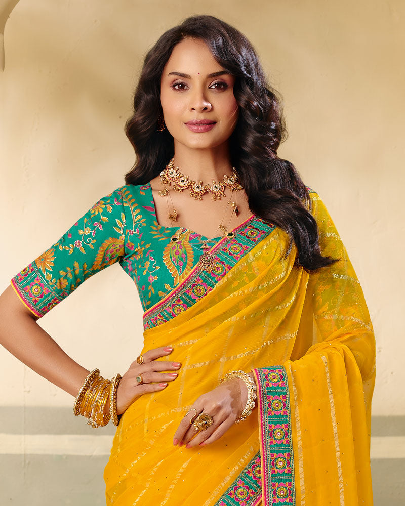 Vishal Prints Dark Burnt Yellow Designer Fancy Checks Chiffon Saree With Diamond Work And Embroidery Border