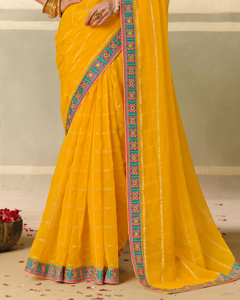 Vishal Prints Dark Burnt Yellow Designer Fancy Checks Chiffon Saree With Diamond Work And Embroidery Border