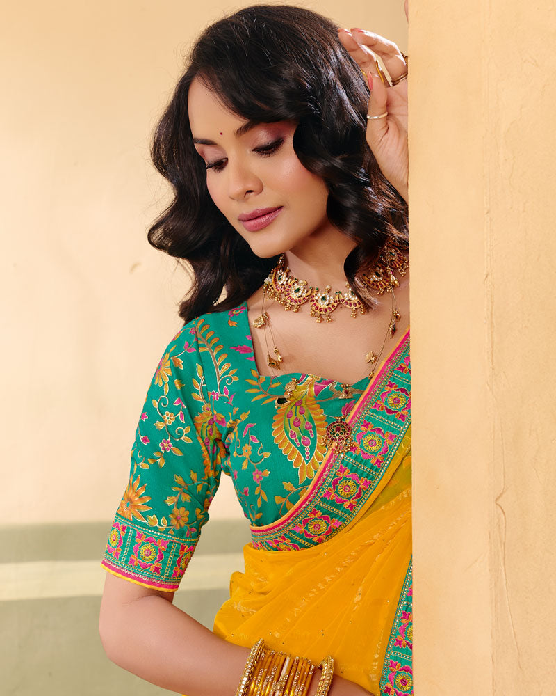 Vishal Prints Dark Burnt Yellow Designer Fancy Checks Chiffon Saree With Diamond Work And Embroidery Border