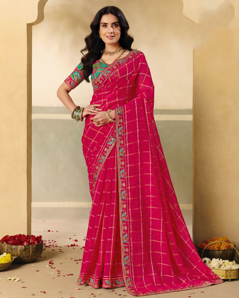 Vishal Prints Dark Pinkish Red Designer Fancy Checks Chiffon Saree With Diamond Work And Embroidery Border