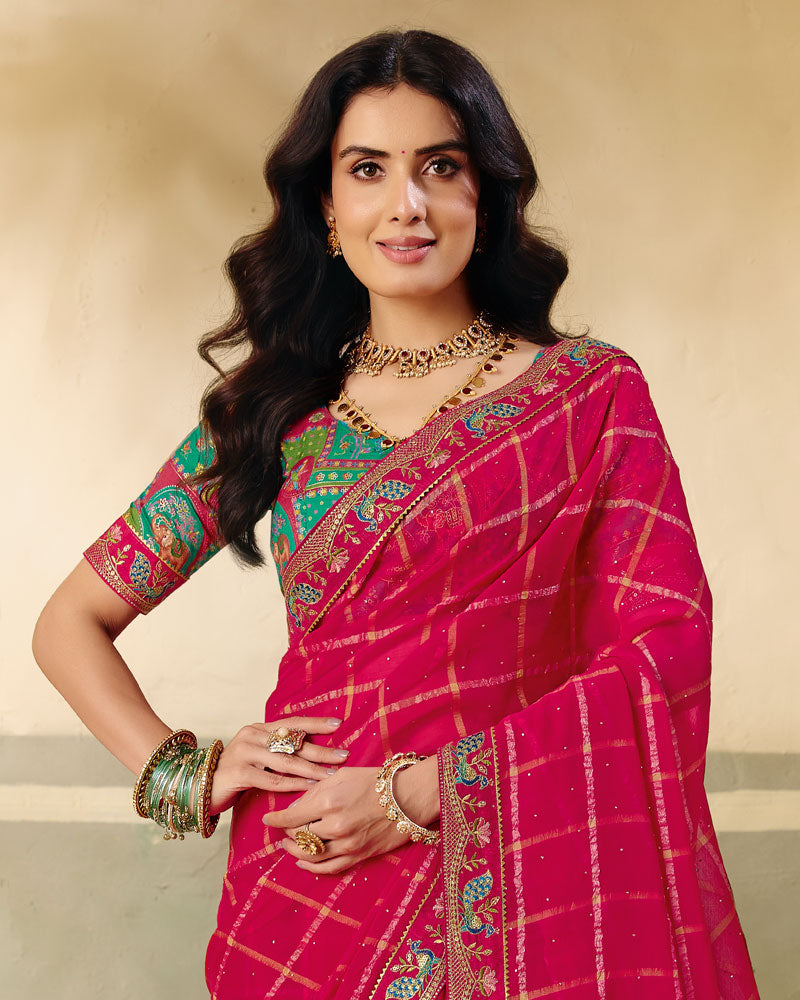 Vishal Prints Dark Pinkish Red Designer Fancy Checks Chiffon Saree With Diamond Work And Embroidery Border