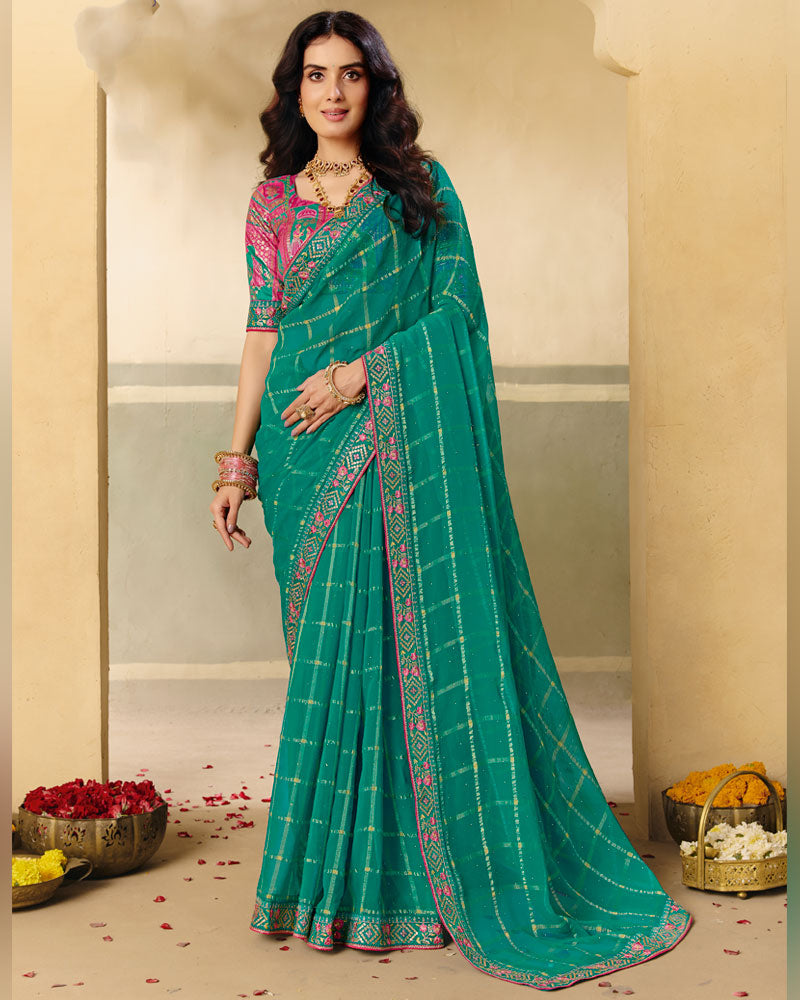 Vishal Prints Dark Pine Green Designer Fancy Checks Chiffon Saree With Diamond Work And Embroidery Border