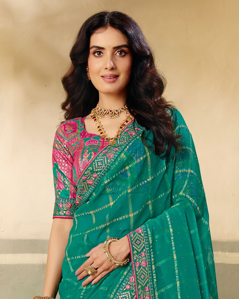 Vishal Prints Dark Pine Green Designer Fancy Checks Chiffon Saree With Diamond Work And Embroidery Border
