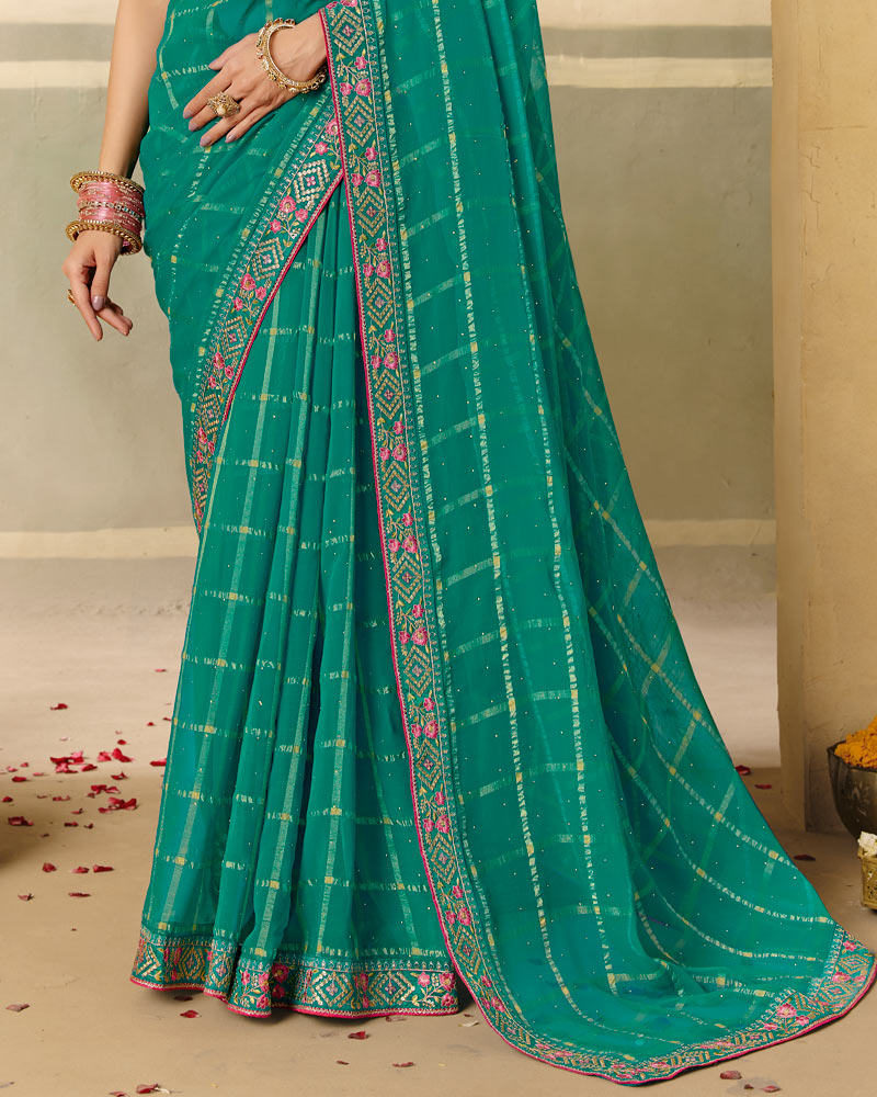 Vishal Prints Dark Pine Green Designer Fancy Checks Chiffon Saree With Diamond Work And Embroidery Border