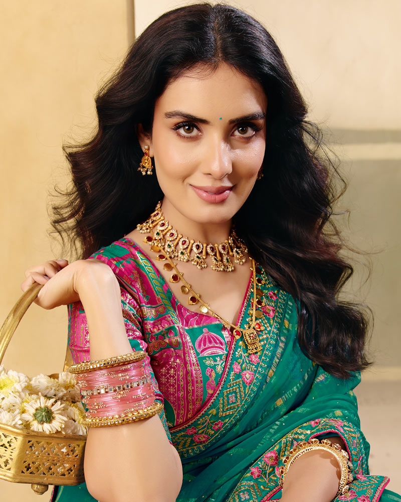 Vishal Prints Dark Pine Green Designer Fancy Checks Chiffon Saree With Diamond Work And Embroidery Border