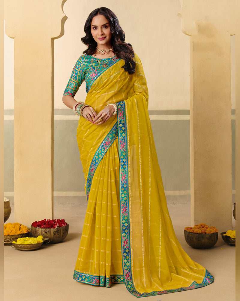Vishal Prints Dark Mustard Yellow Designer Fancy Checks Chiffon Saree With Diamond Work And Embroidery Border