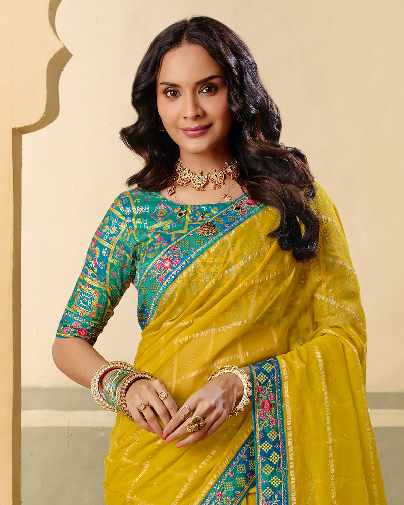 Vishal Prints Dark Mustard Yellow Designer Fancy Checks Chiffon Saree With Diamond Work And Embroidery Border