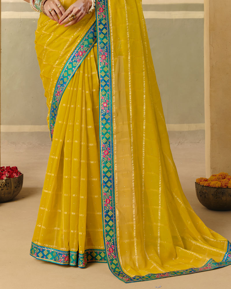 Vishal Prints Dark Mustard Yellow Designer Fancy Checks Chiffon Saree With Diamond Work And Embroidery Border