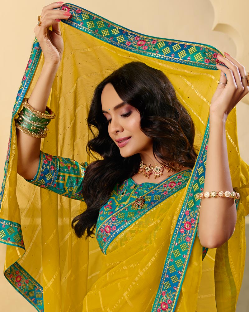 Vishal Prints Dark Mustard Yellow Designer Fancy Checks Chiffon Saree With Diamond Work And Embroidery Border
