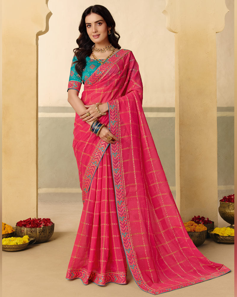 Vishal Prints Rani Pink Designer Fancy Checks Chiffon Saree With Diamond Work And Embroidery Border