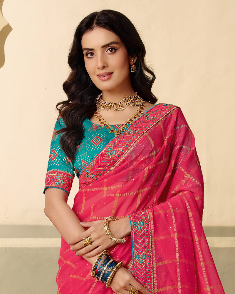 Vishal Prints Rani Pink Designer Fancy Checks Chiffon Saree With Diamond Work And Embroidery Border