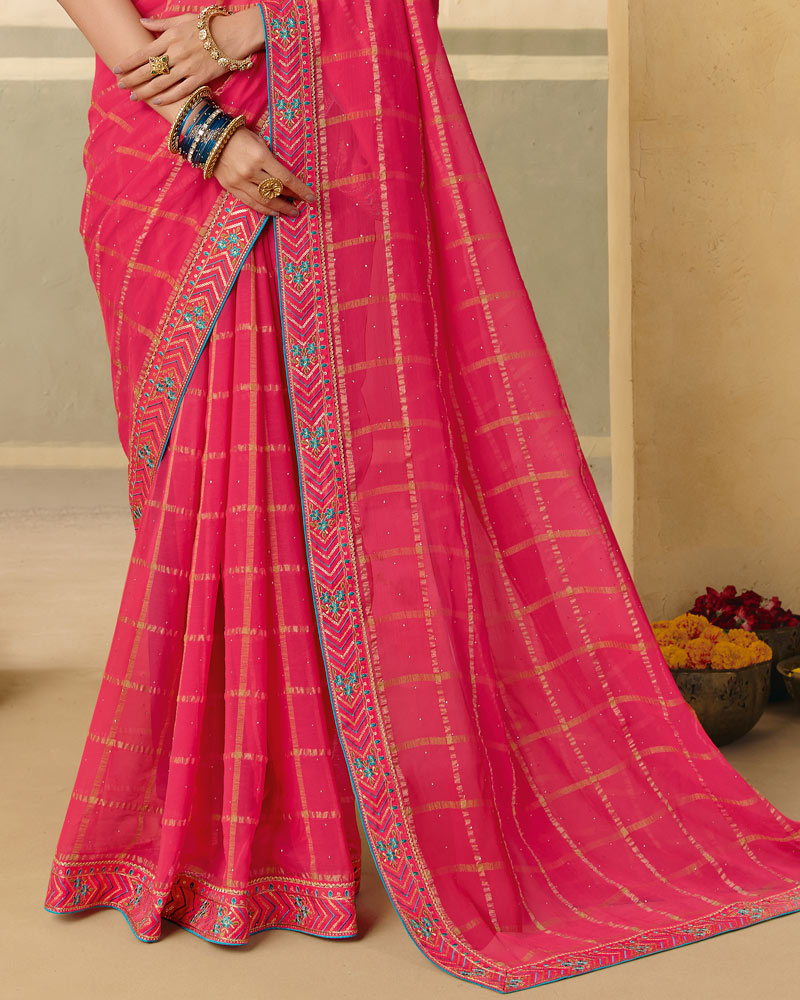 Vishal Prints Rani Pink Designer Fancy Checks Chiffon Saree With Diamond Work And Embroidery Border