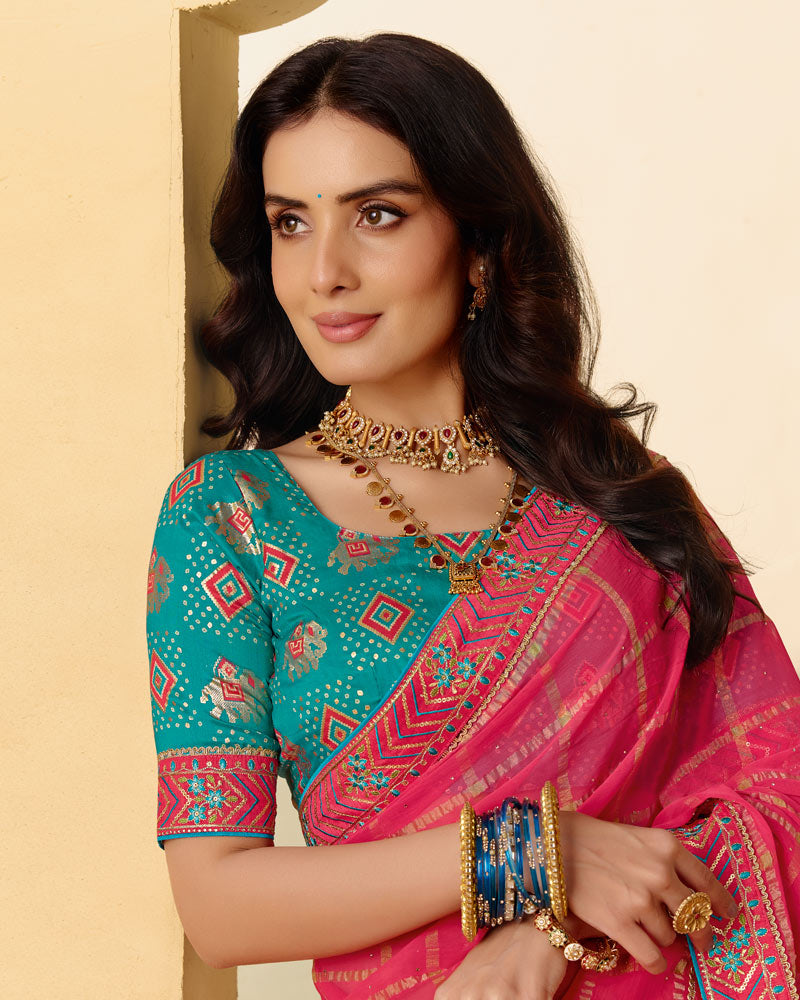 Vishal Prints Rani Pink Designer Fancy Checks Chiffon Saree With Diamond Work And Embroidery Border