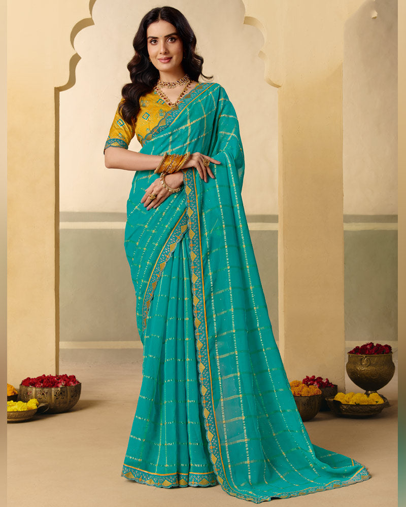 Vishal Prints Teal Green Designer Fancy Checks Chiffon Saree With Diamond Work And Embroidery Border