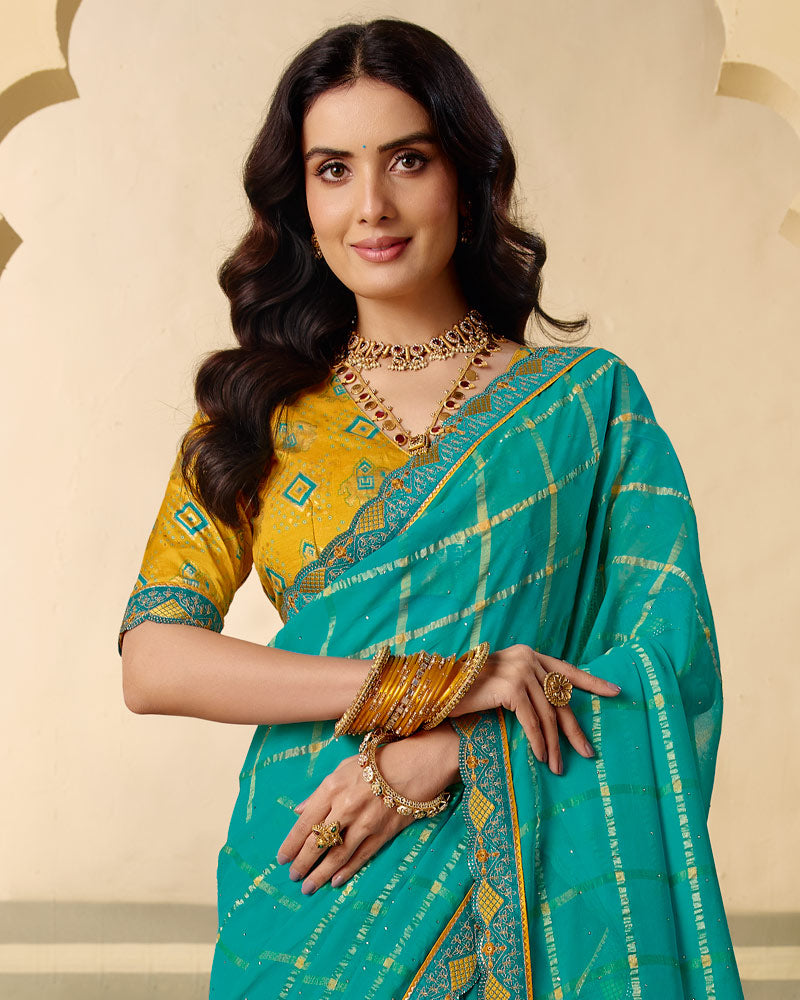 Vishal Prints Teal Green Designer Fancy Checks Chiffon Saree With Diamond Work And Embroidery Border