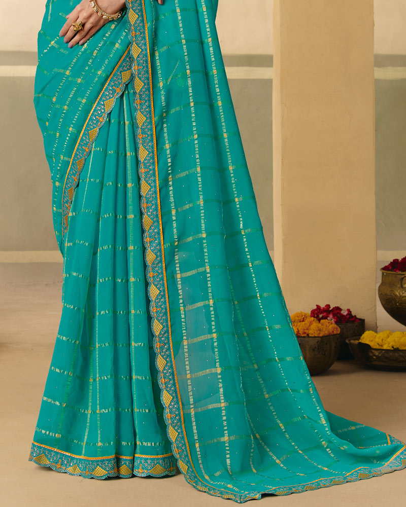 Vishal Prints Teal Green Designer Fancy Checks Chiffon Saree With Diamond Work And Embroidery Border