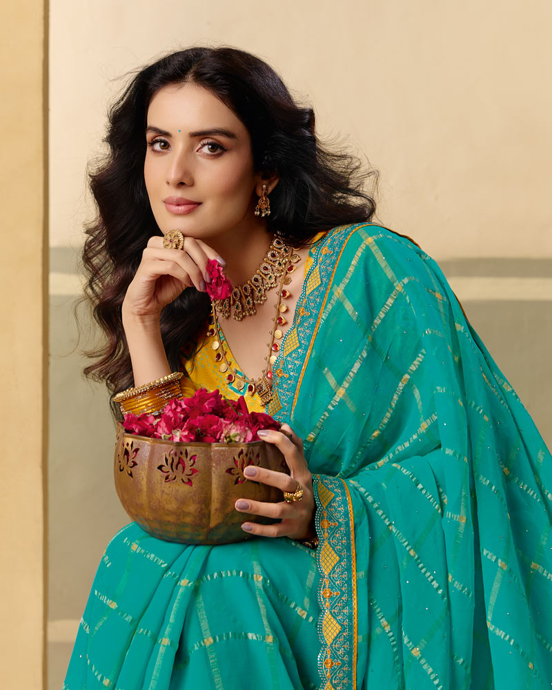 Vishal Prints Teal Green Designer Fancy Checks Chiffon Saree With Diamond Work And Embroidery Border