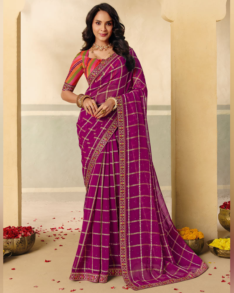 Vishal Prints Red Purple Designer Fancy Checks Chiffon Saree With Diamond Work And Embroidery Border