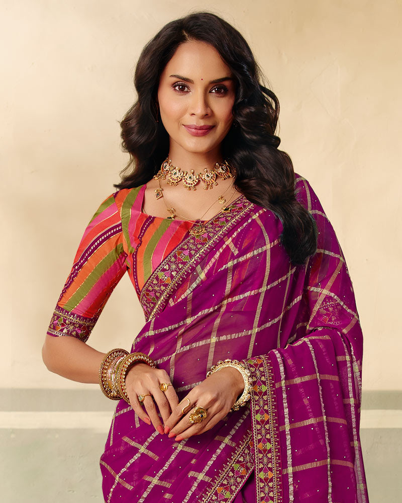 Vishal Prints Red Purple Designer Fancy Checks Chiffon Saree With Diamond Work And Embroidery Border
