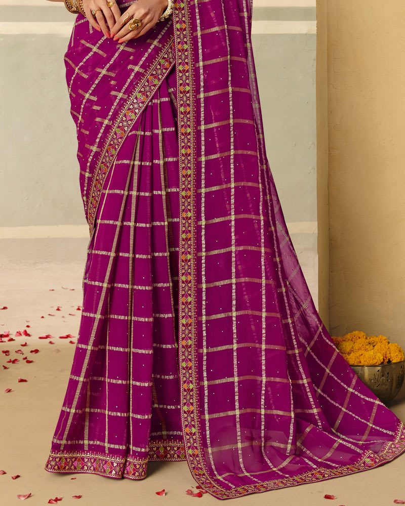 Vishal Prints Red Purple Designer Fancy Checks Chiffon Saree With Diamond Work And Embroidery Border