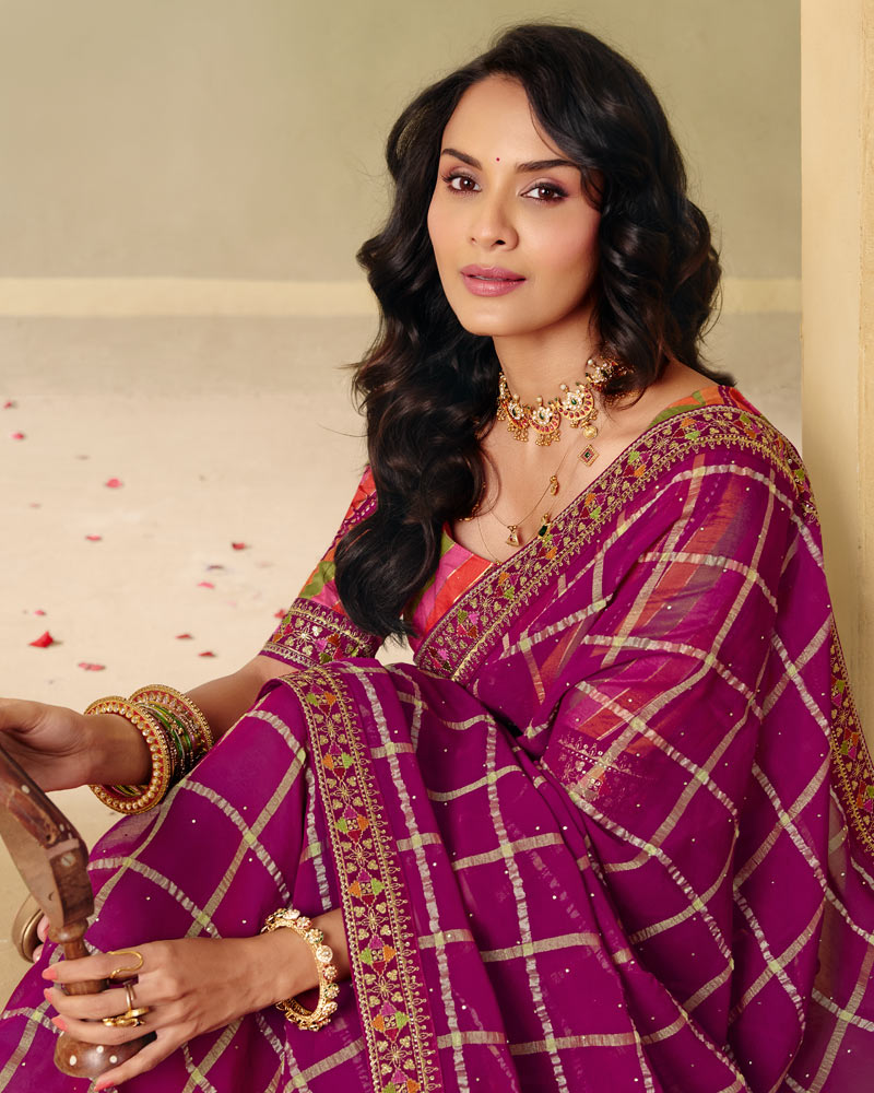 Vishal Prints Red Purple Designer Fancy Checks Chiffon Saree With Diamond Work And Embroidery Border