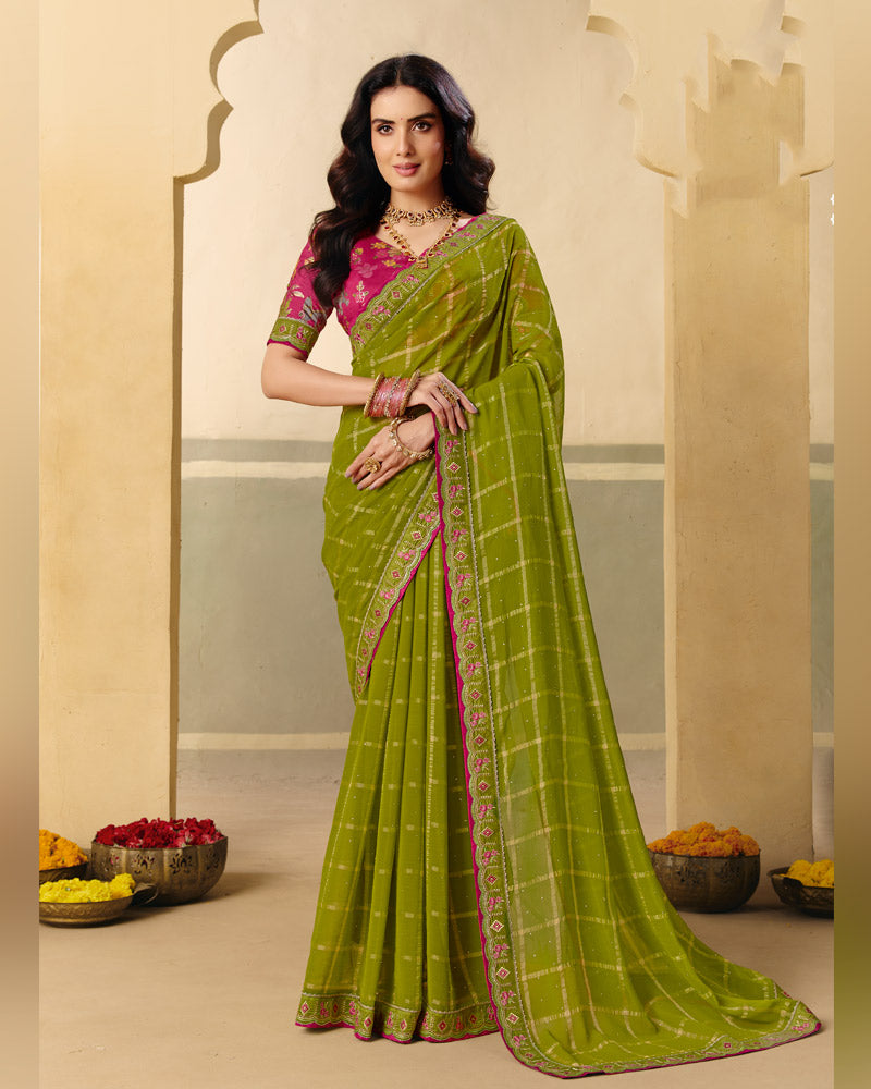 Vishal Prints Olive Green Designer Fancy Checks Chiffon Saree With Diamond Work And Embroidery Border
