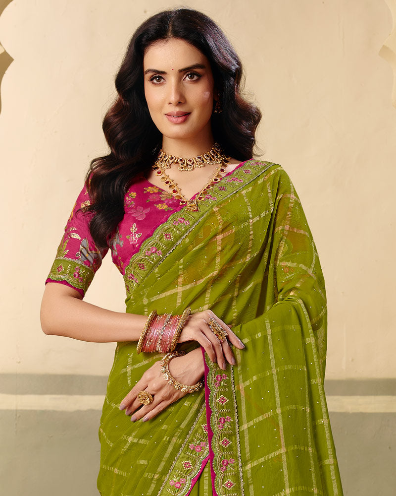 Vishal Prints Olive Green Designer Fancy Checks Chiffon Saree With Diamond Work And Embroidery Border