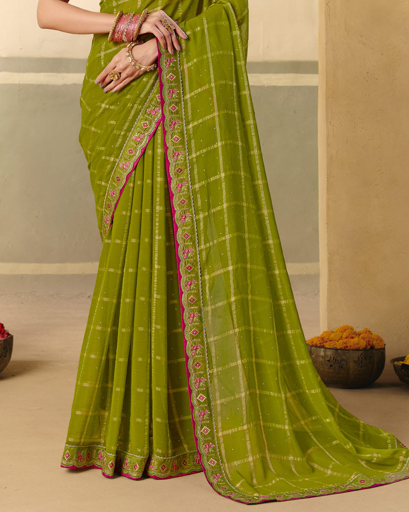 Vishal Prints Olive Green Designer Fancy Checks Chiffon Saree With Diamond Work And Embroidery Border