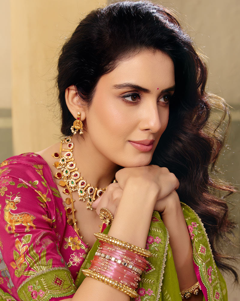 Vishal Prints Olive Green Designer Fancy Checks Chiffon Saree With Diamond Work And Embroidery Border