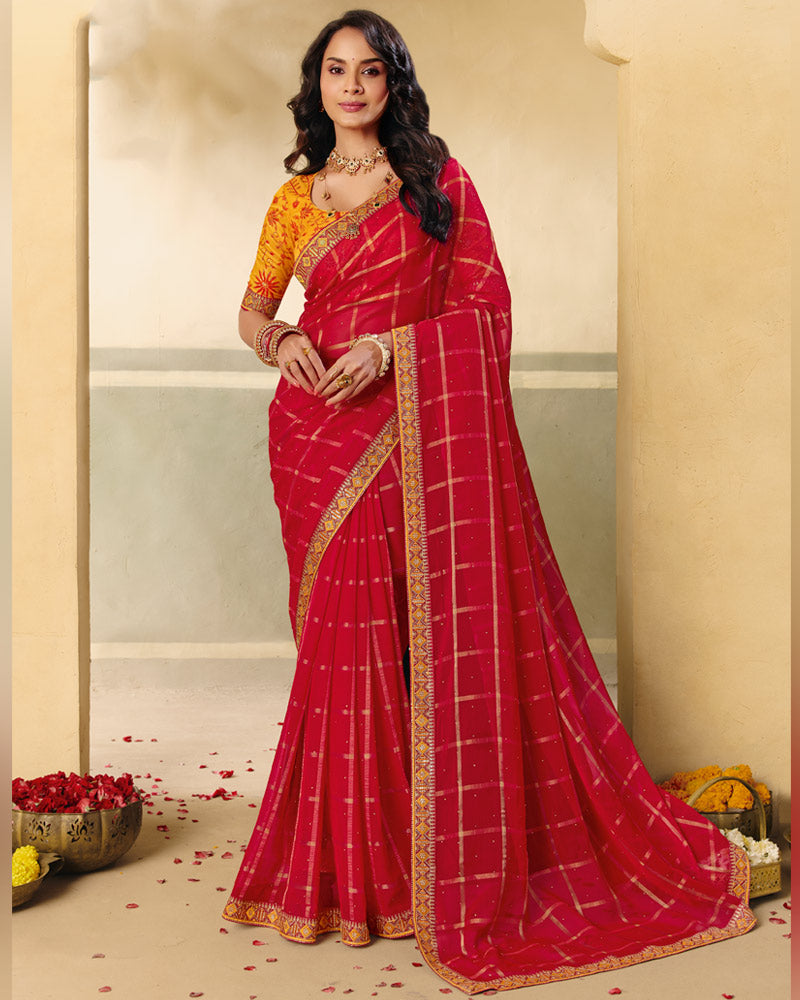 Vishal Prints Paprika Red Designer Fancy Checks Chiffon Saree With Diamond Work And Embroidery Border