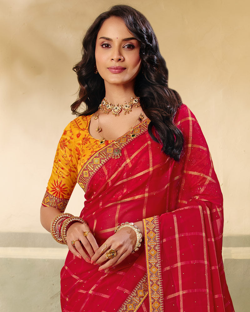 Vishal Prints Paprika Red Designer Fancy Checks Chiffon Saree With Diamond Work And Embroidery Border