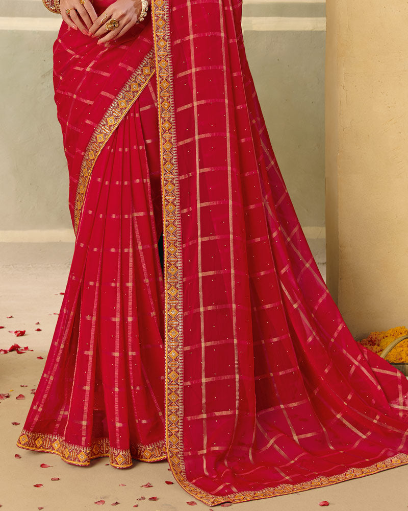 Vishal Prints Paprika Red Designer Fancy Checks Chiffon Saree With Diamond Work And Embroidery Border