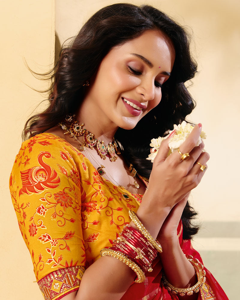 Vishal Prints Paprika Red Designer Fancy Checks Chiffon Saree With Diamond Work And Embroidery Border