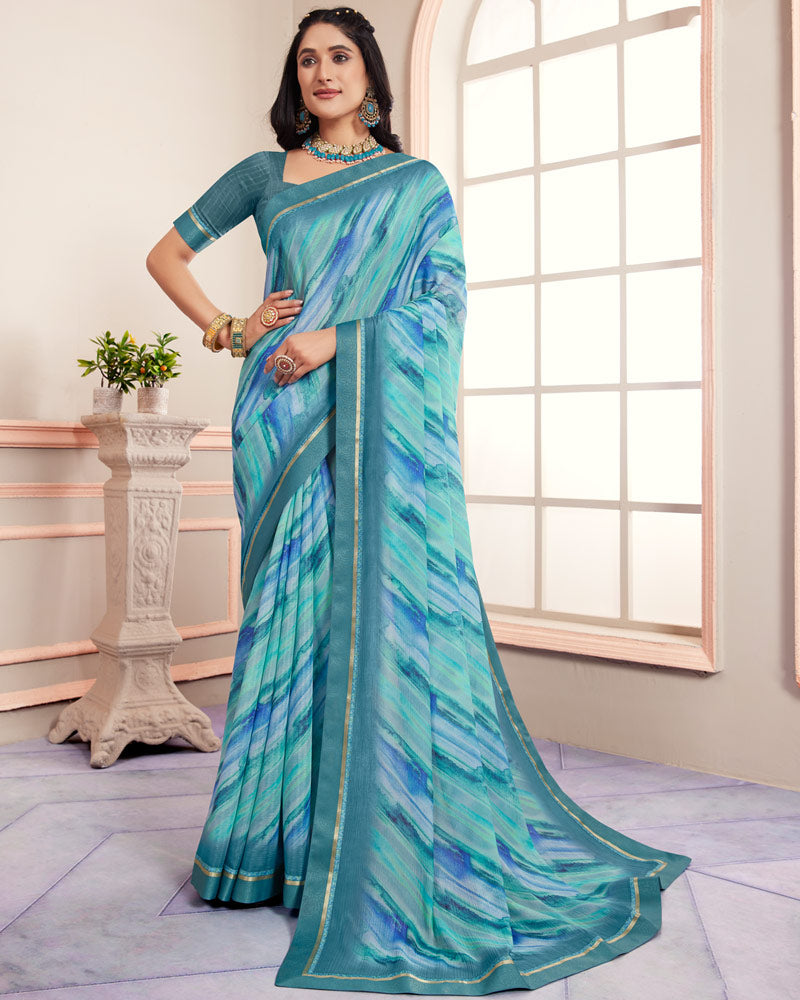Vishal Prints Smalt Blue Digital Print Moss Chiffon Saree With Fancy Border