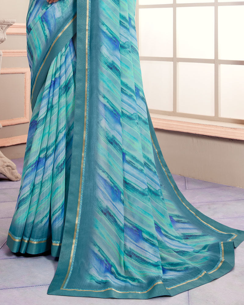 Vishal Prints Smalt Blue Digital Print Moss Chiffon Saree With Fancy Border