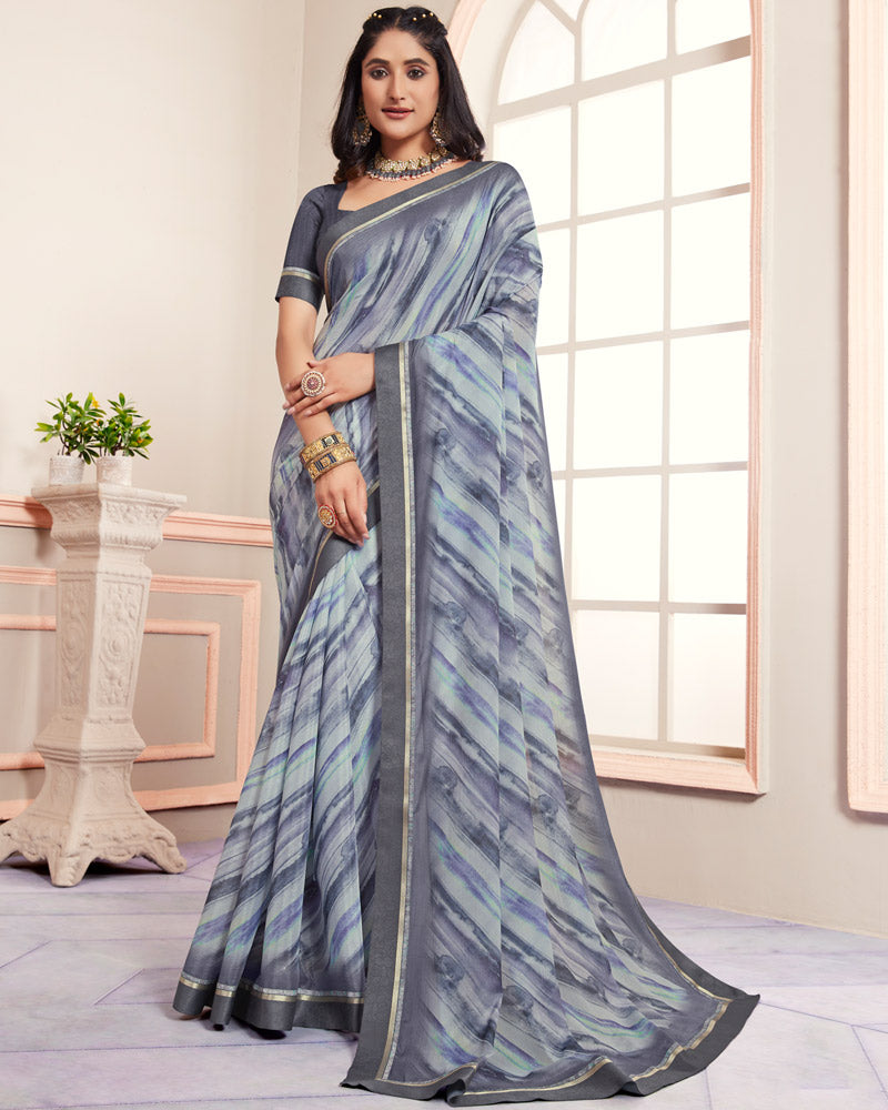 Vishal Prints Charcoal Grey Digital Print Moss Chiffon Saree With Fancy Border