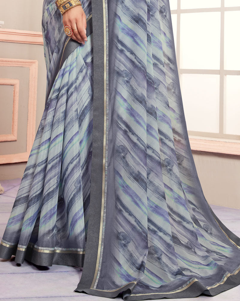 Vishal Prints Charcoal Grey Digital Print Moss Chiffon Saree With Fancy Border