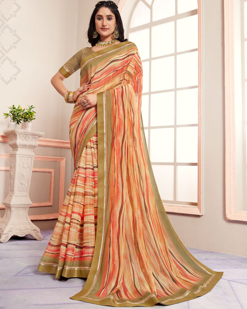 Vishal Prints Drift Wood Green Digital Print Moss Chiffon Saree With Fancy Border