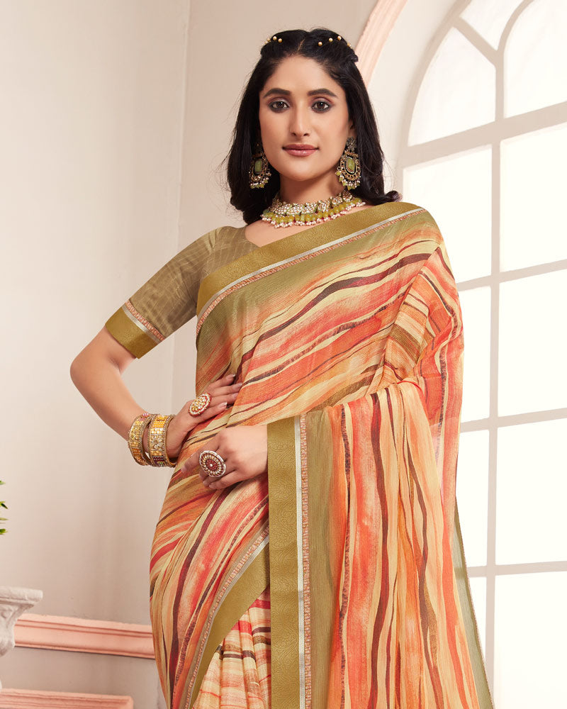 Vishal Prints Drift Wood Green Digital Print Moss Chiffon Saree With Fancy Border