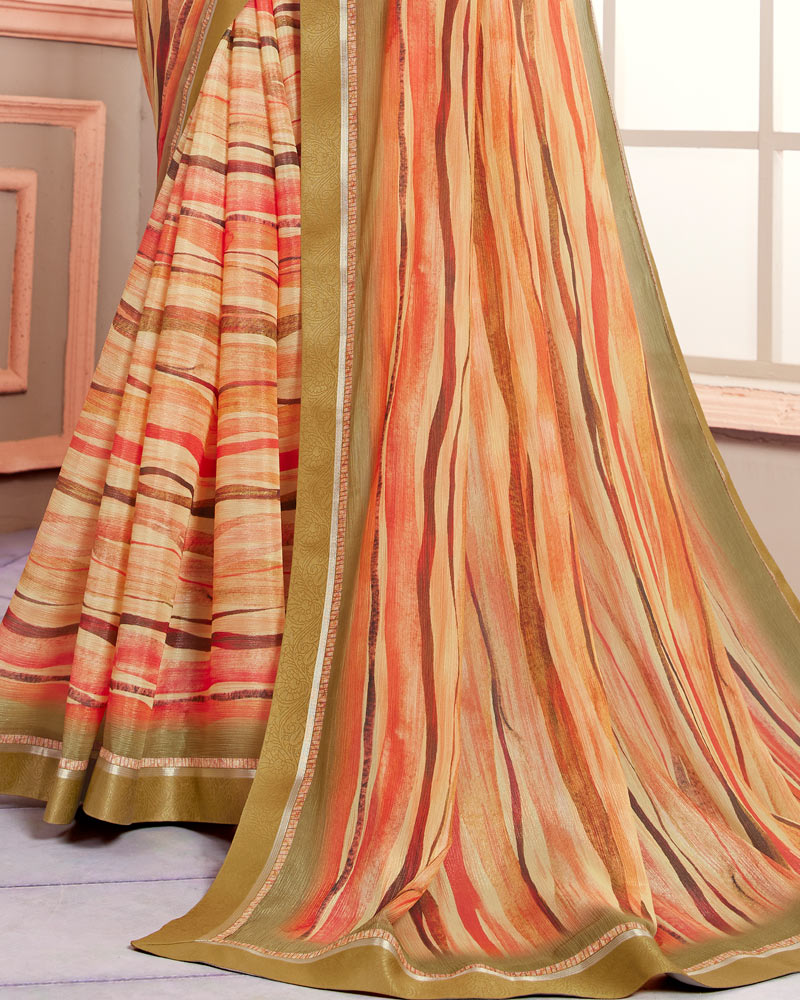 Vishal Prints Drift Wood Green Digital Print Moss Chiffon Saree With Fancy Border