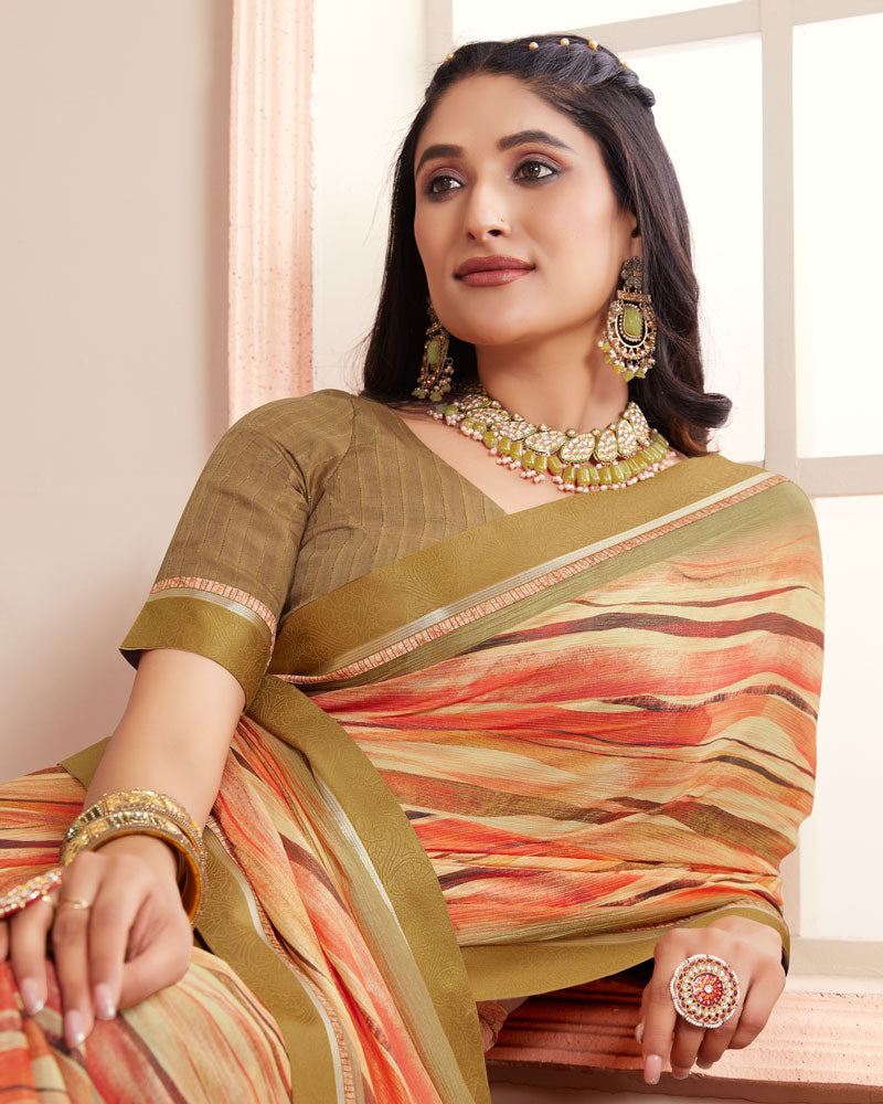 Vishal Prints Drift Wood Green Digital Print Moss Chiffon Saree With Fancy Border