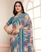 Vishal Prints Smalt Blue Digital Print Moss Chiffon Saree With Fancy Border