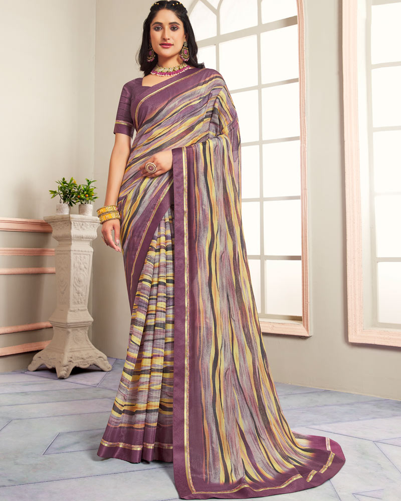 Vishal Prints Copper Rose Digital Print Moss Chiffon Saree With Fancy Border