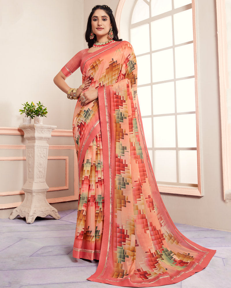 Vishal Prints Peach Digital Print Moss Chiffon Saree With Fancy Border