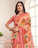 Vishal Prints Peach Digital Print Moss Chiffon Saree With Fancy Border