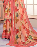 Vishal Prints Peach Digital Print Moss Chiffon Saree With Fancy Border
