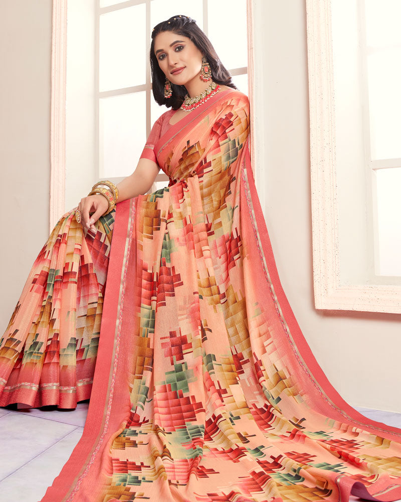 Vishal Prints Peach Digital Print Moss Chiffon Saree With Fancy Border