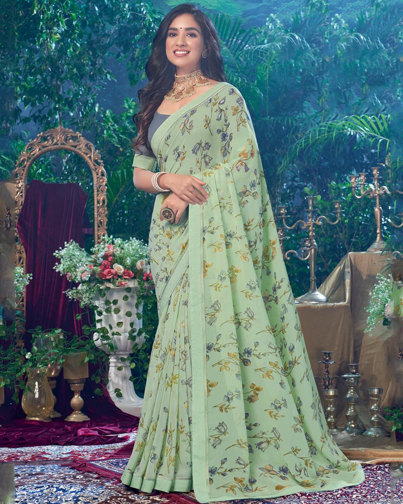 Vishal Prints Mist Green Printed Georgette Saree With Fancy Border