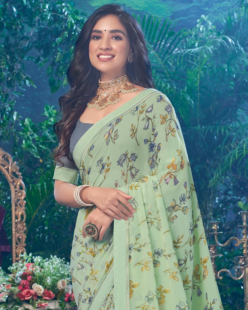 Vishal Prints Mist Green Printed Georgette Saree With Fancy Border